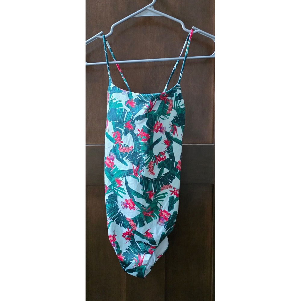 Victoria's Secret Tropical Palm Floral Lace Up Back One Piece Swimsuit XS Green